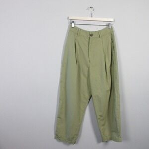 Uniqlo Pleated Cropped Pants High Waist Wide Leg Casual Green Linen Rayon 398